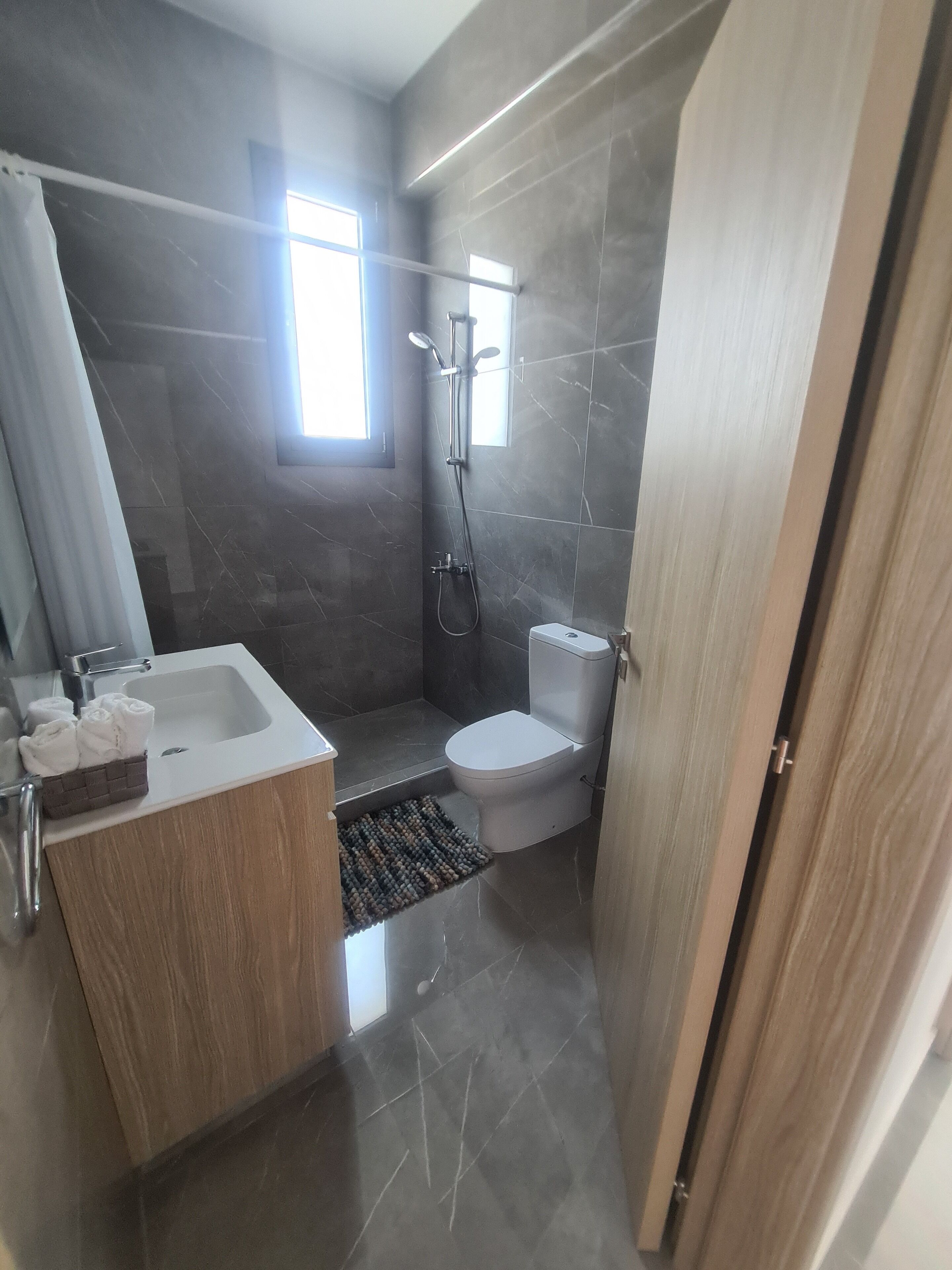 A modern bathroom with a shower, toilet, and sink.