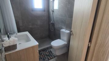 A modern bathroom with a shower, toilet, and sink.