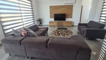 Uma sala de estar moderna com um sofá seccional, uma mesa de centro e uma televisão de tela plana fixada em um painel de madeira.