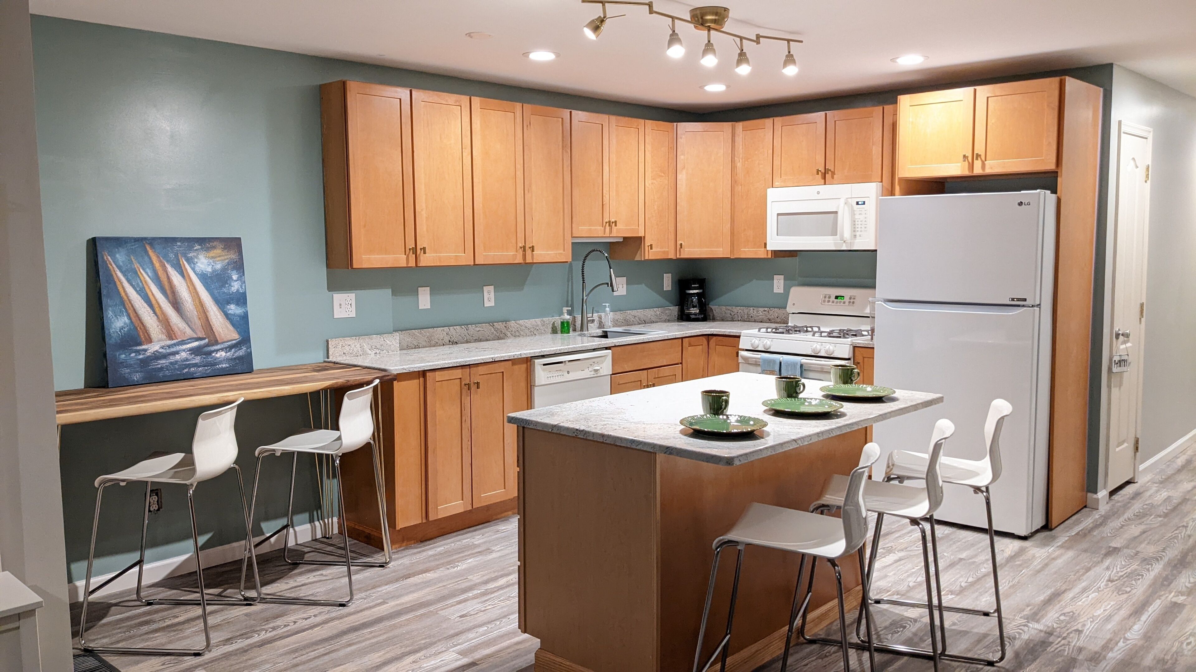 Well-stocked kitchen, island
