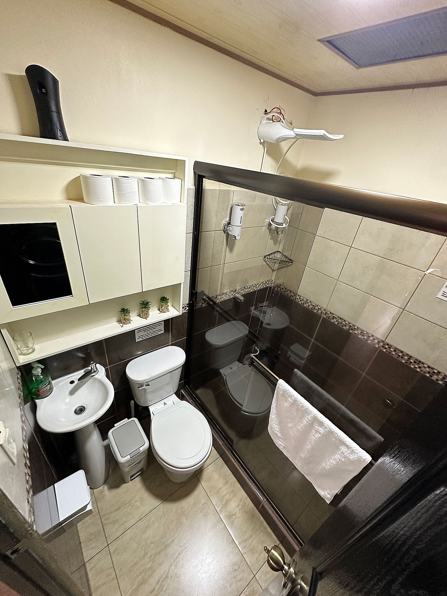 A compact bathroom with a toilet, sink, and shower area.