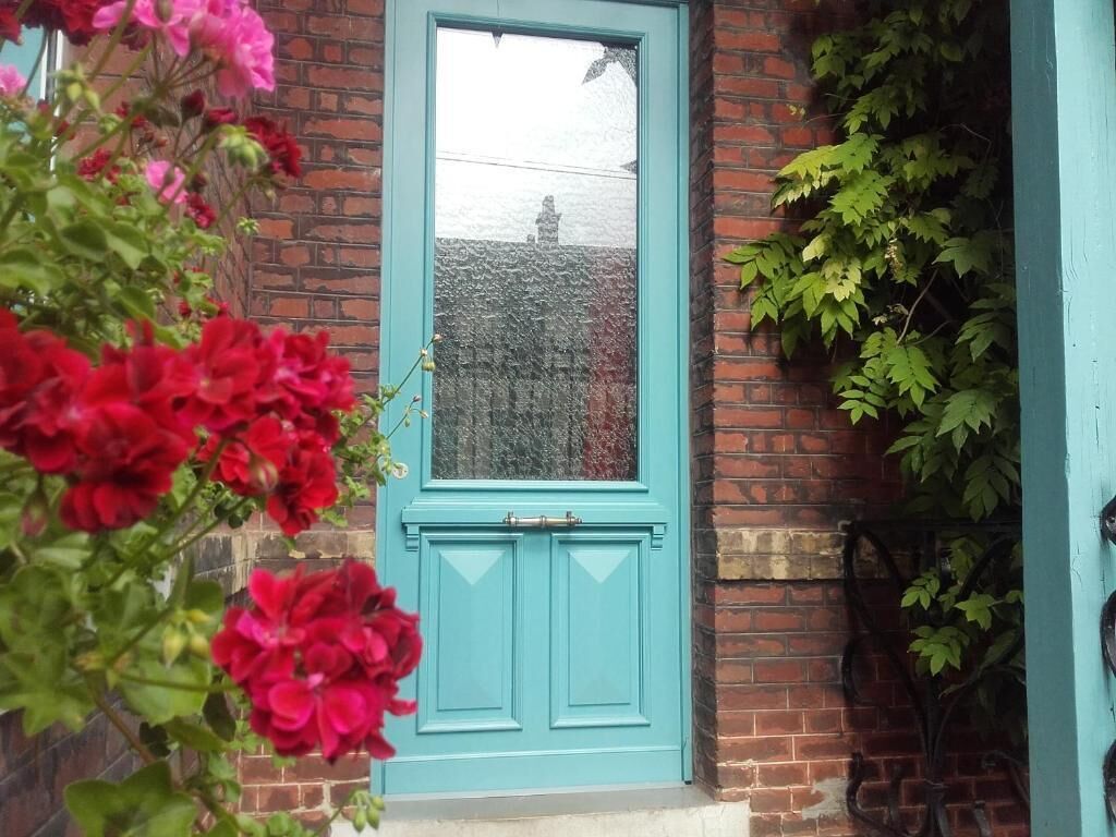 A turquoise door with a window, surrounded by red flowers and green foliage.
