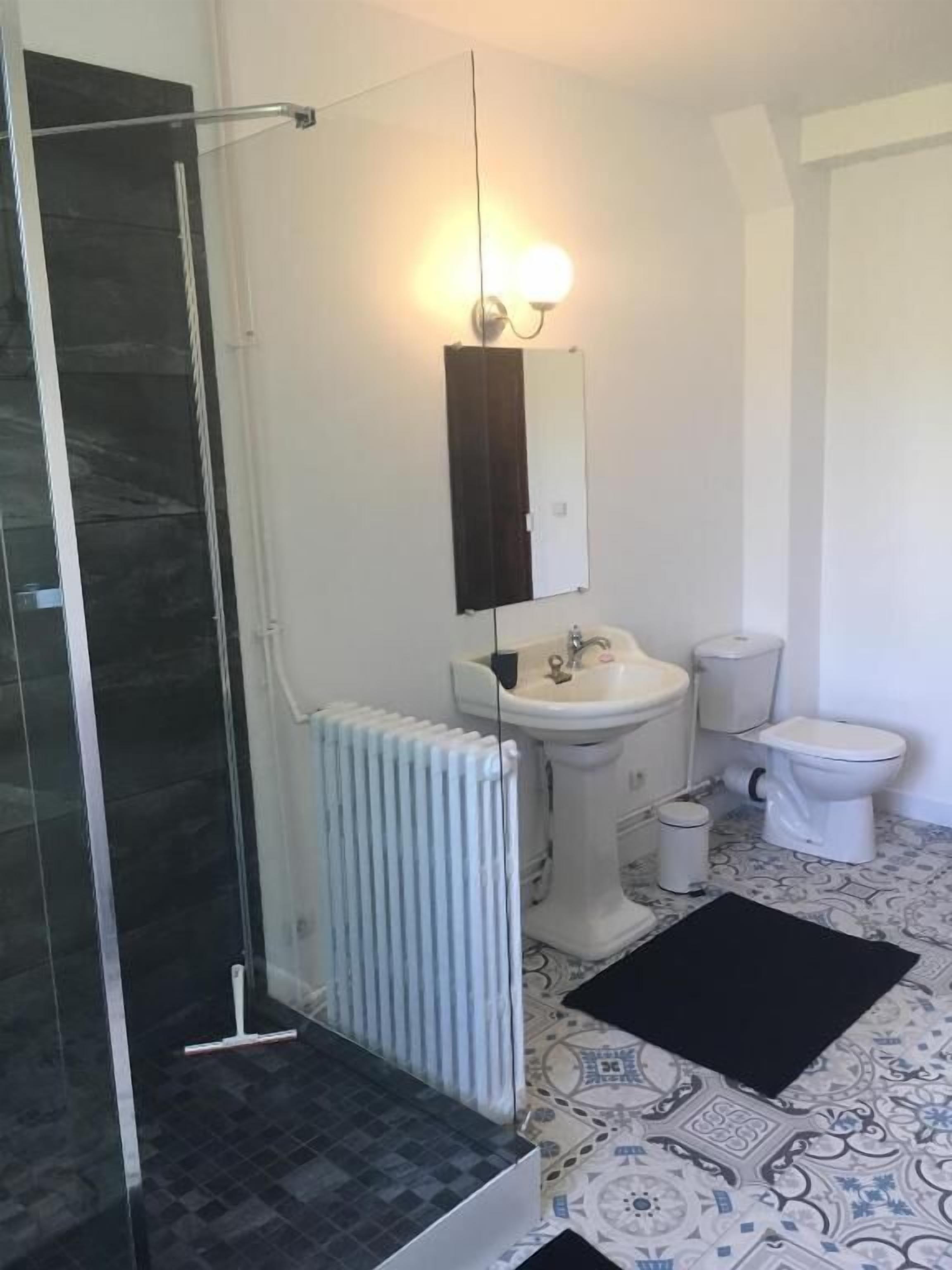 Un baño con cabina de ducha de vidrio, lavabo pedestal, inodoro y radiador.