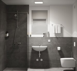 Een douche, gratis toiletartikelen, een haardroger, vloerverwarming