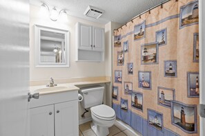 Combined shower/bathtub, hair dryer