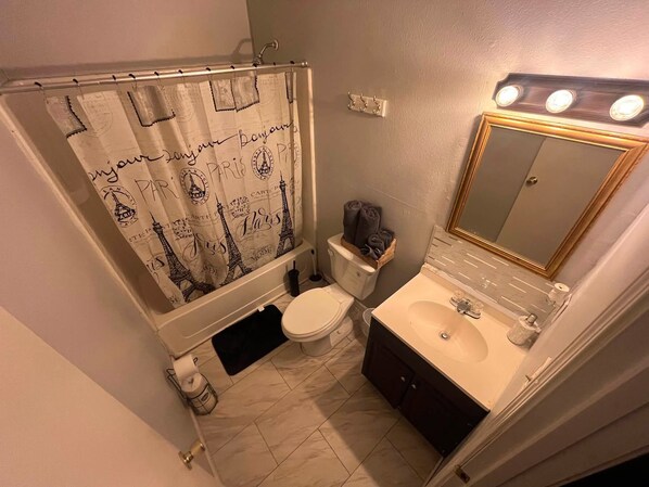 A bathroom with a shower curtain featuring Paris landmarks, a toilet, a sink with a mirror, and a light fixture above the mirror.