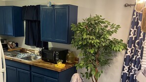 Una cocina compacta con armarios azules, una cafetera y una planta en maceta.