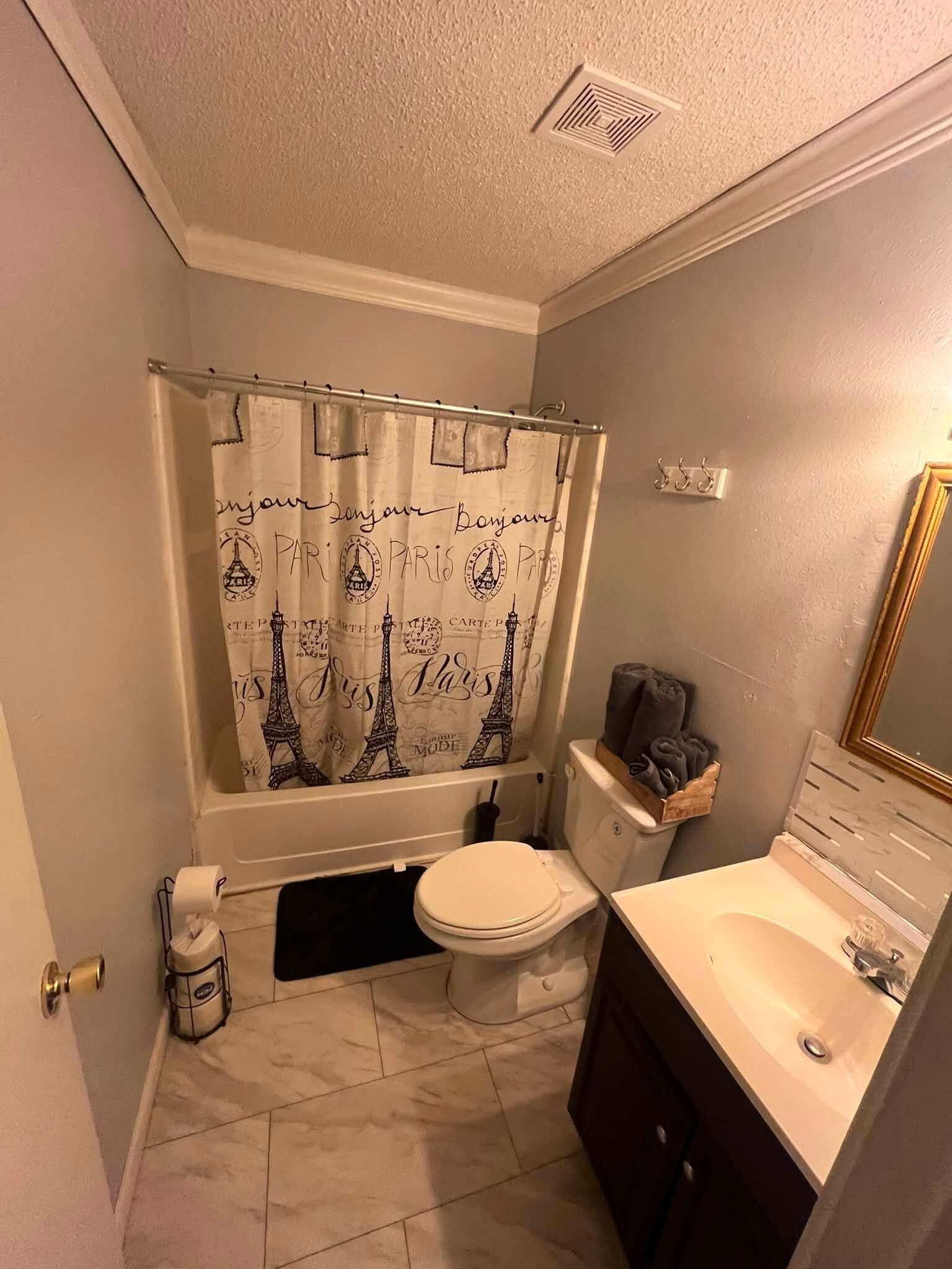 Un baño con inodoro, lavamanos y cortina de ducha con diseños parisinos.