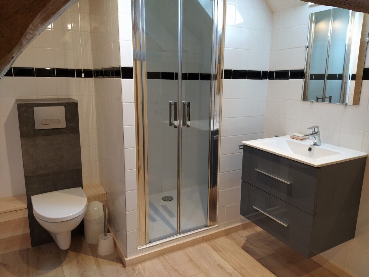 Une salle de bain moderne avec une douche à parois de verre, des toilettes et un meuble-lavabo avec un évier.