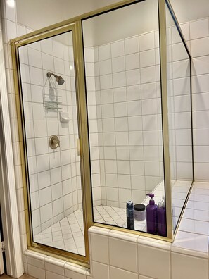 Shower, jetted tub, hair dryer, towels