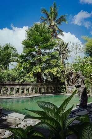 A pool surrounded by lush greenery and a stone statue. - Villa JJ and Spa Ubud (Ubud)