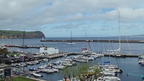 A marina with multiple boats docked, a prominent mountain in the background, and a clear sky. - Nereida (Horta)