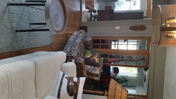 Smart TV, fireplace, books