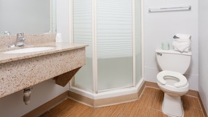 Un baño con ducha, inodoro y lavabo.