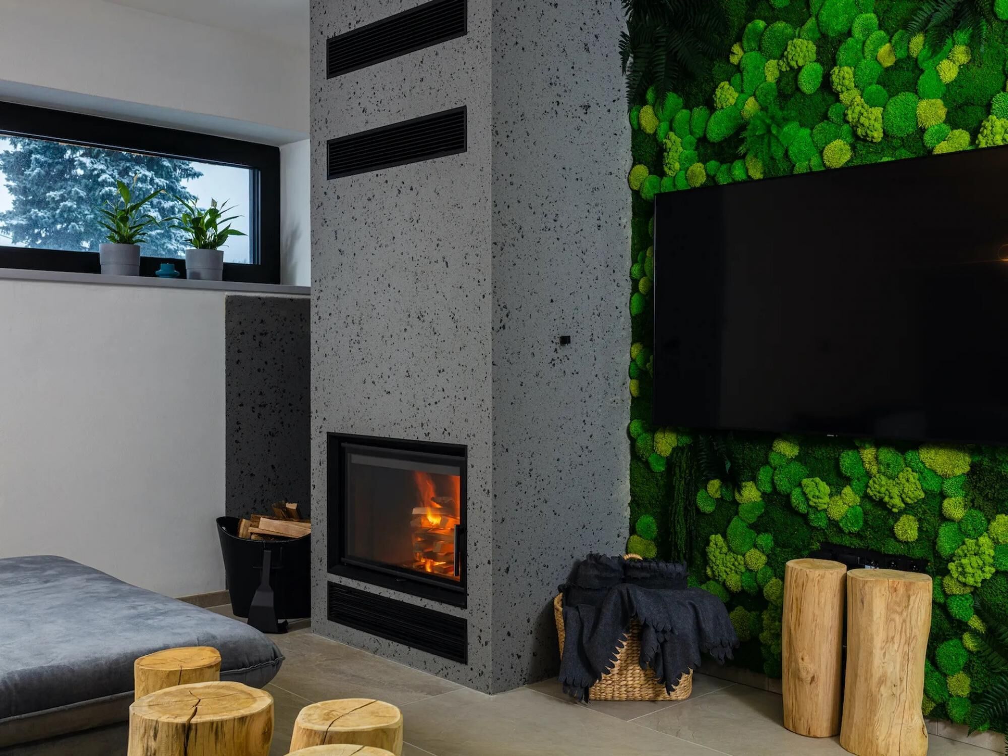 A modern living room with a fireplace, a large TV, and a green wall.