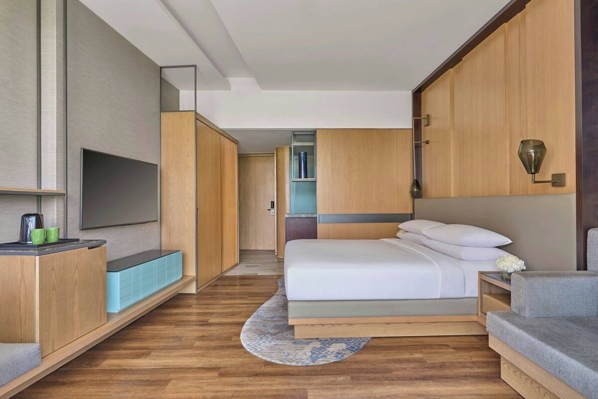 Una habitación de hotel moderna con una cama, un televisor, muebles de madera y un armario empotrado.