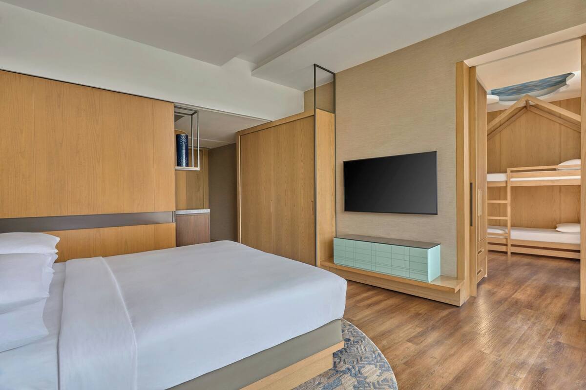 Una habitación de hotel con cama, televisión, armario y literas.