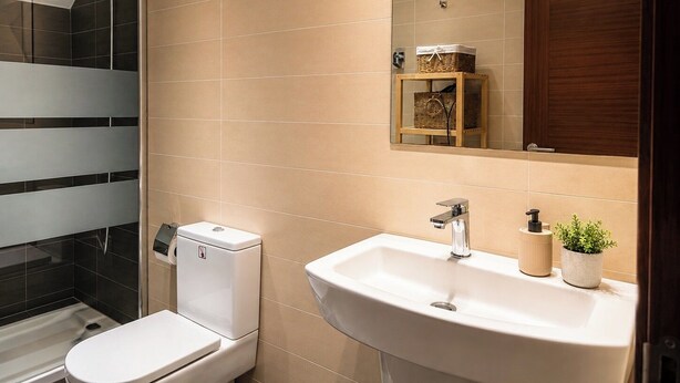 A modern bathroom with a toilet, sink, and shower. - Casa Descansa - vacation to feel good, enjoy and relax! (Cala Mendia)