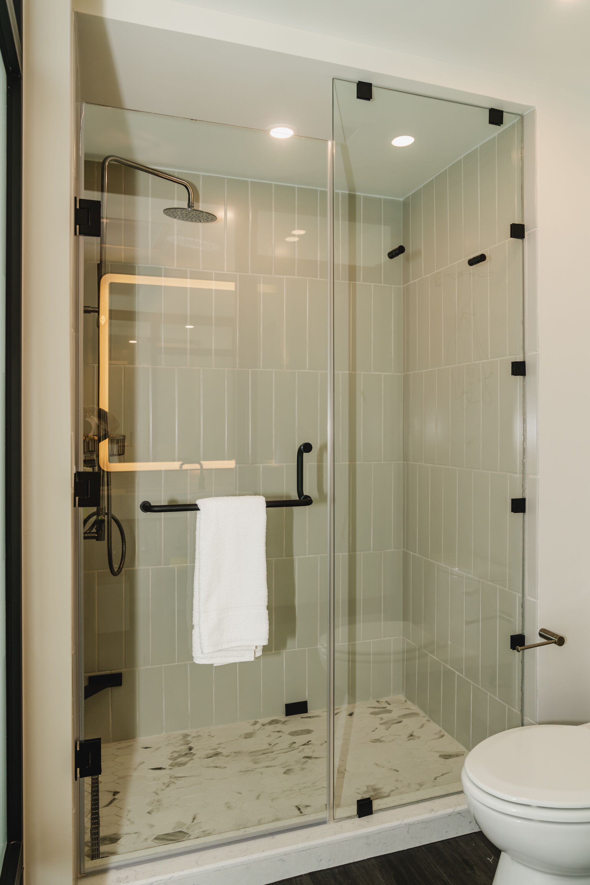 Une douche fermée par des parois en verre, dotée d’un pommeau de douche à main, d’un porte-serviettes et de toilettes.
