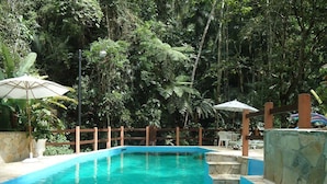 A rectangular pool with a wooden fence and stone steps leading into it, surrounded by lush greenery. - Espaço Viverde Pousada (Itatiaia)