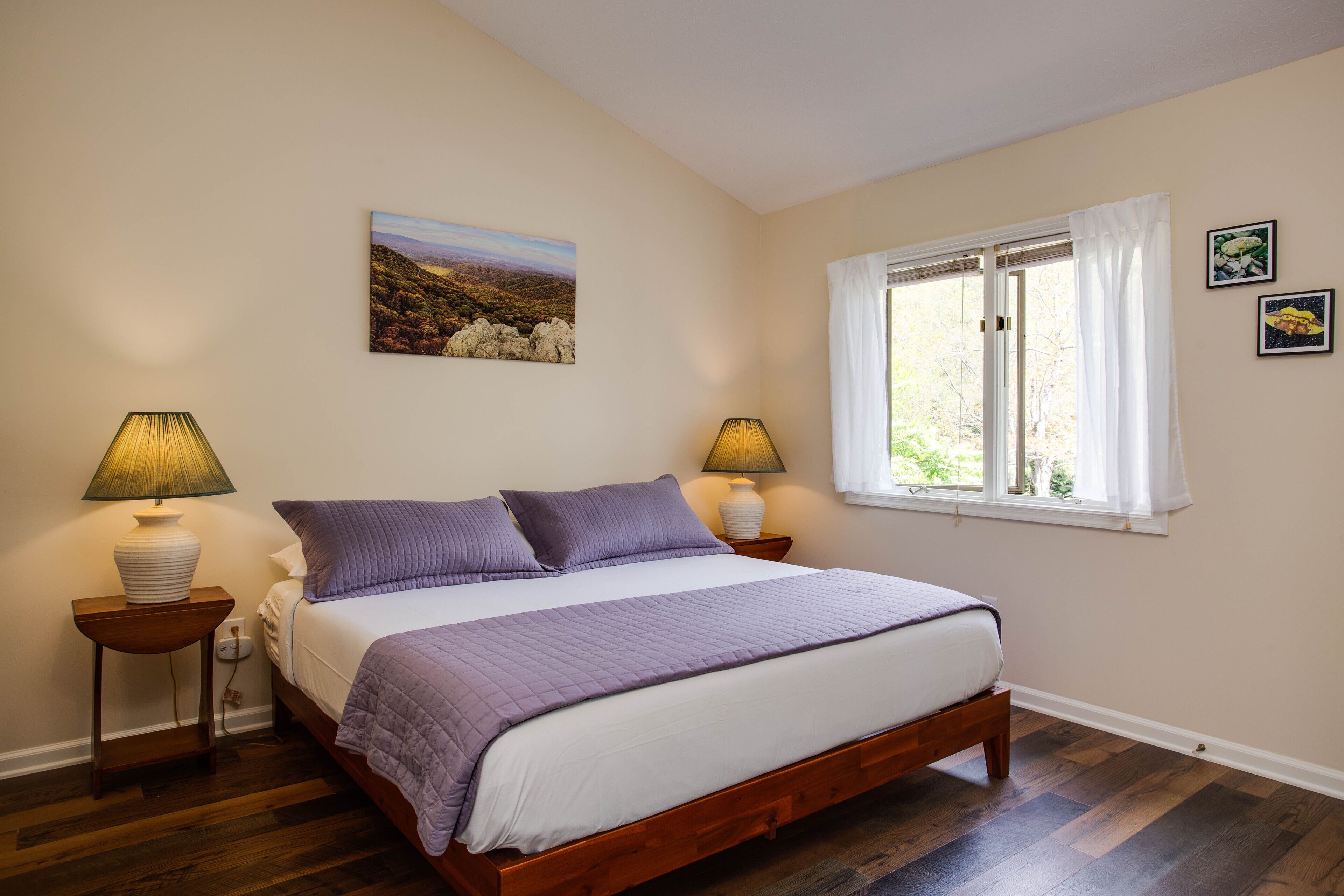Une chambre à coucher avec un lit en bois, deux lampes de chevet, une fenêtre avec des rideaux blancs et un tableau représentant un paysage accroché au mur.