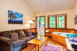 Meadow Mountain Cabin, 1 King Bed with Sofa bed, Jetted Tub | Living area | 30-inch LED TV with digital channels, TV, DVD player