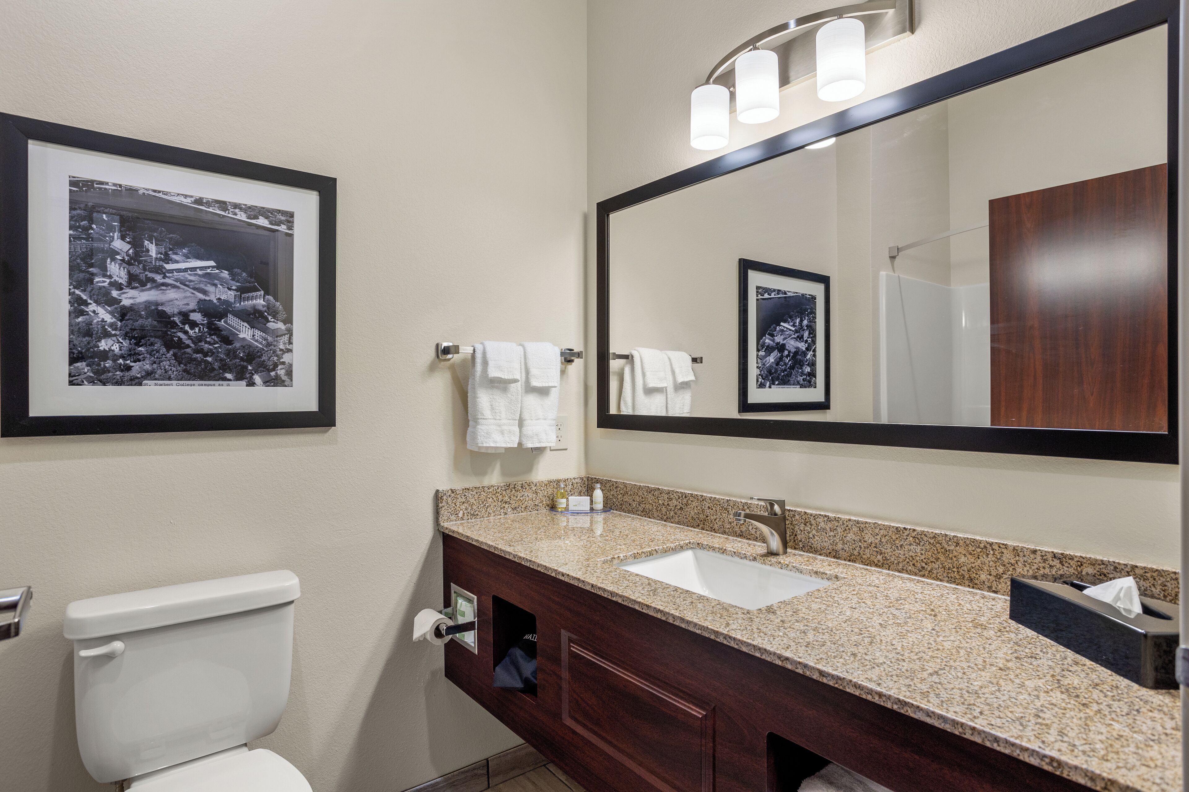 A bathroom with a toilet, a sink, a mirror, and two framed pictures on the wall.