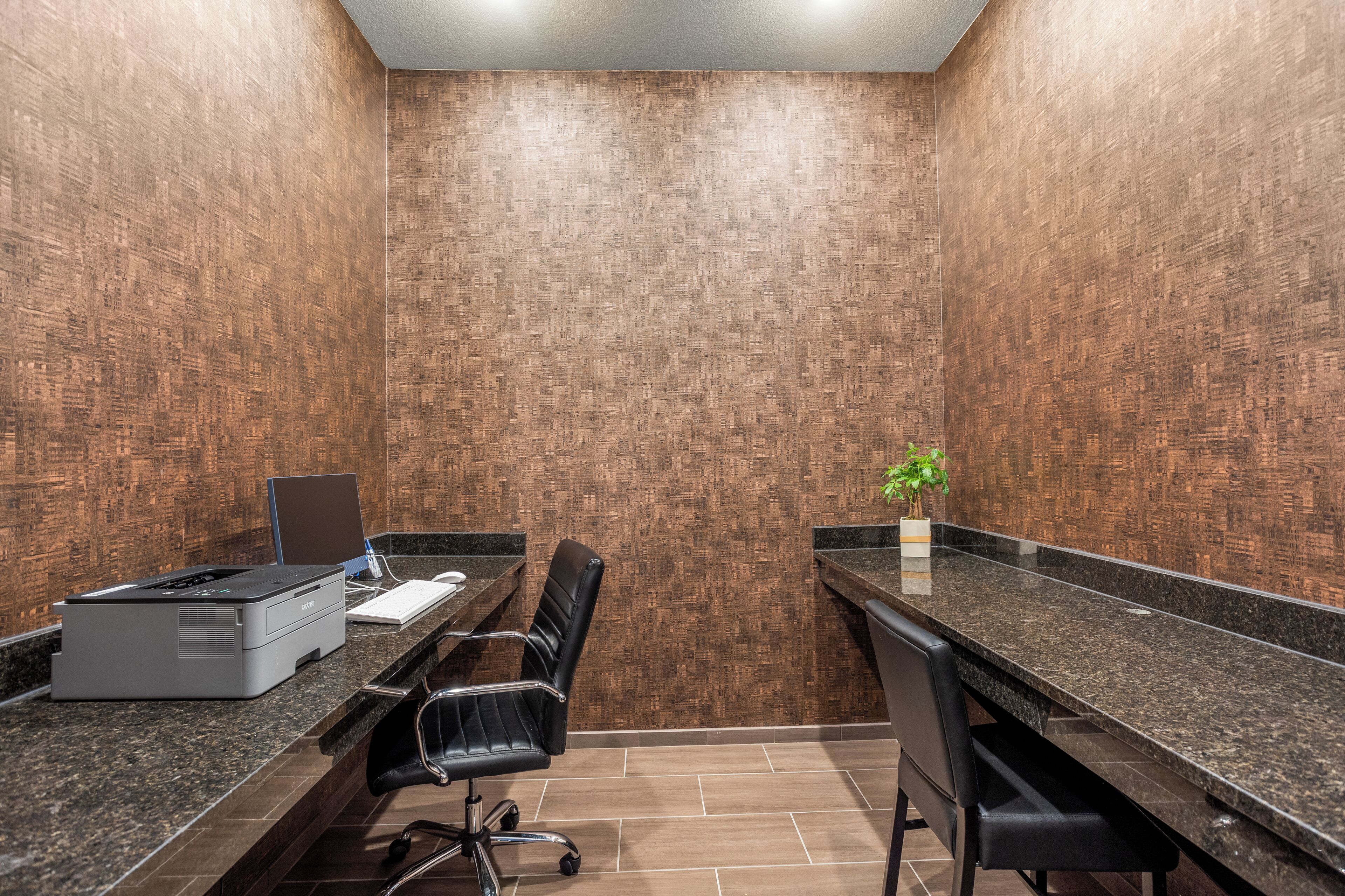 A conference room with a long table, two chairs, a printer, and a plant.