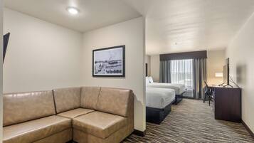 Premium bedding, pillowtop beds, desk, laptop workspace