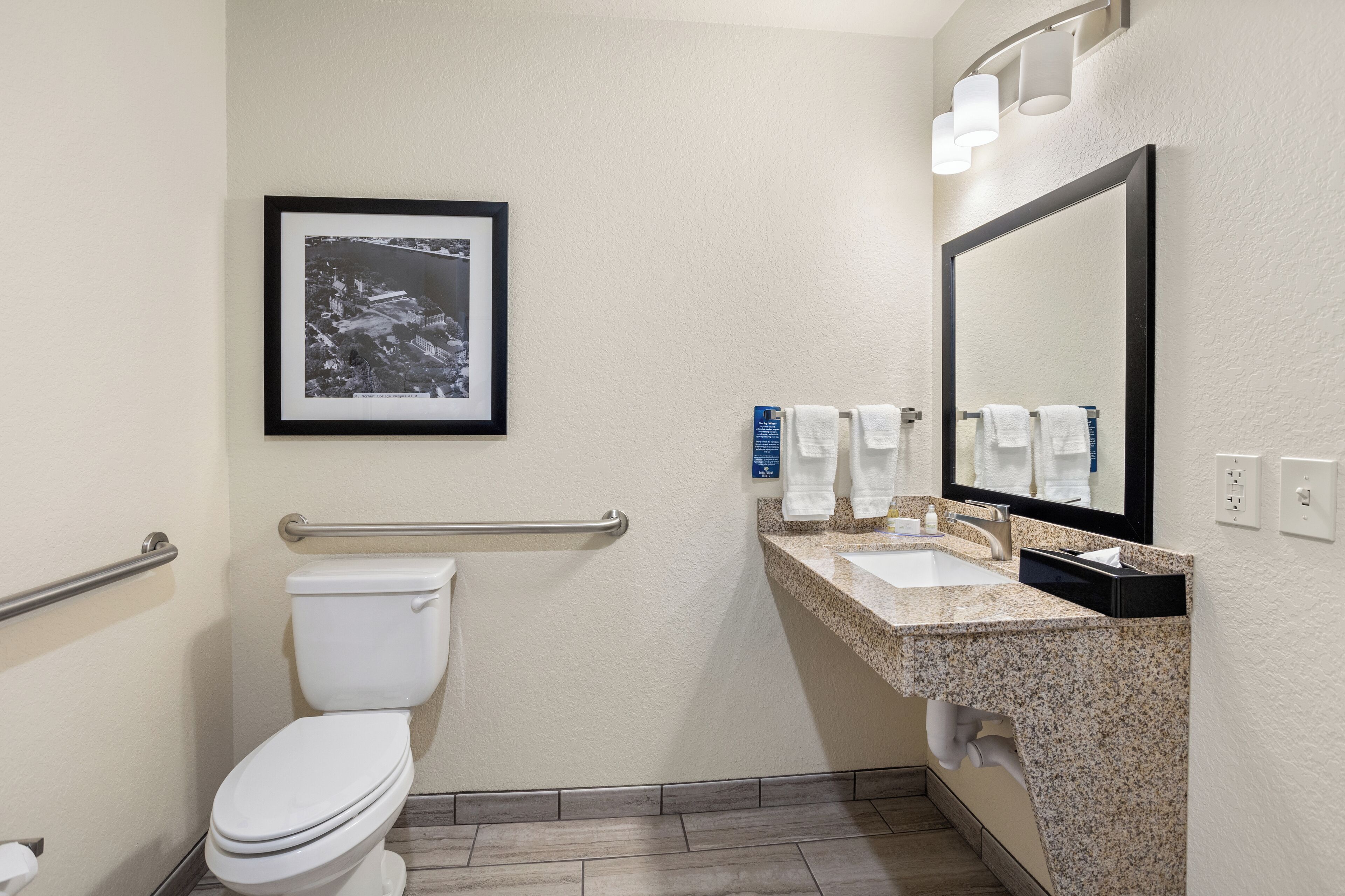 A modern bathroom with a toilet, sink, and mirror. There is a framed picture on the wall and a handrail for accessibility.