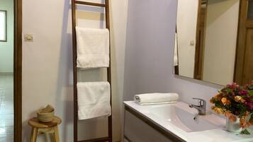 Shower, towels, soap, toilet paper