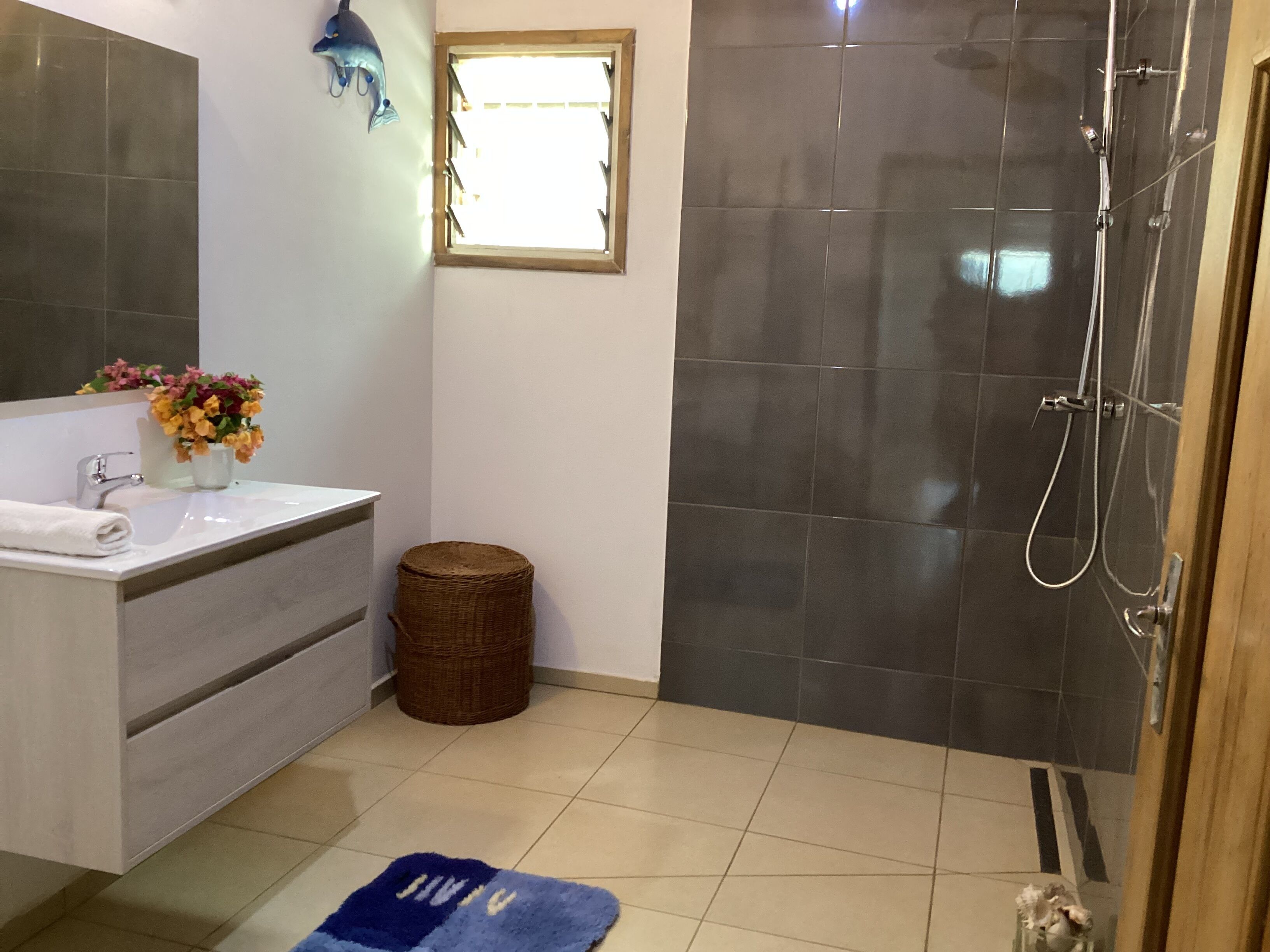 Shower, towels, soap, toilet paper