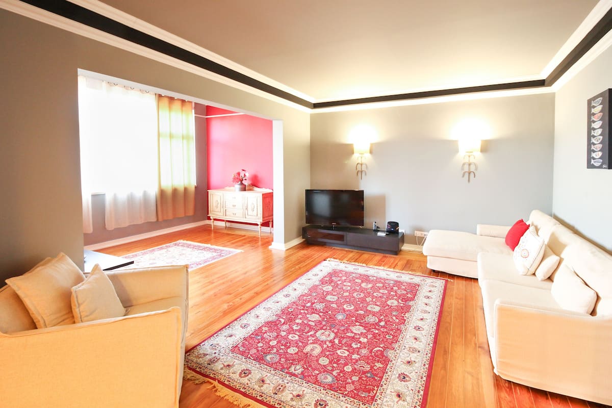 A living room with a sofa, a TV, a red rug, and a cabinet.