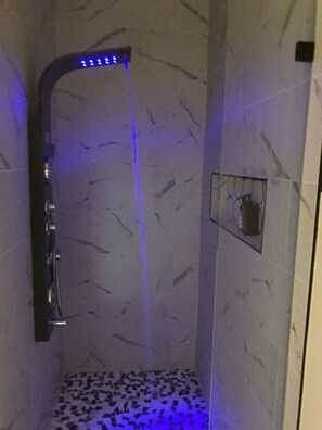 Ensemble douche/baignoire, sèche-cheveux, serviettes fournies, savon