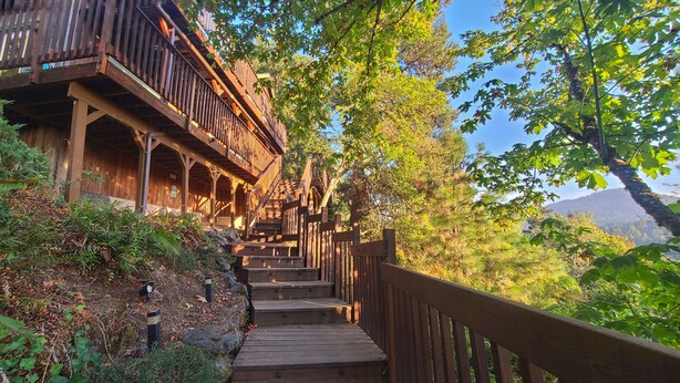 A wooden staircase leading to a cabin with a wooden railing, surrounded by trees and a mountain in the background. - Cozy & Quiet 2 bdrm private Treehouse getaway with Amazing Views minutes from UO (Eugene)