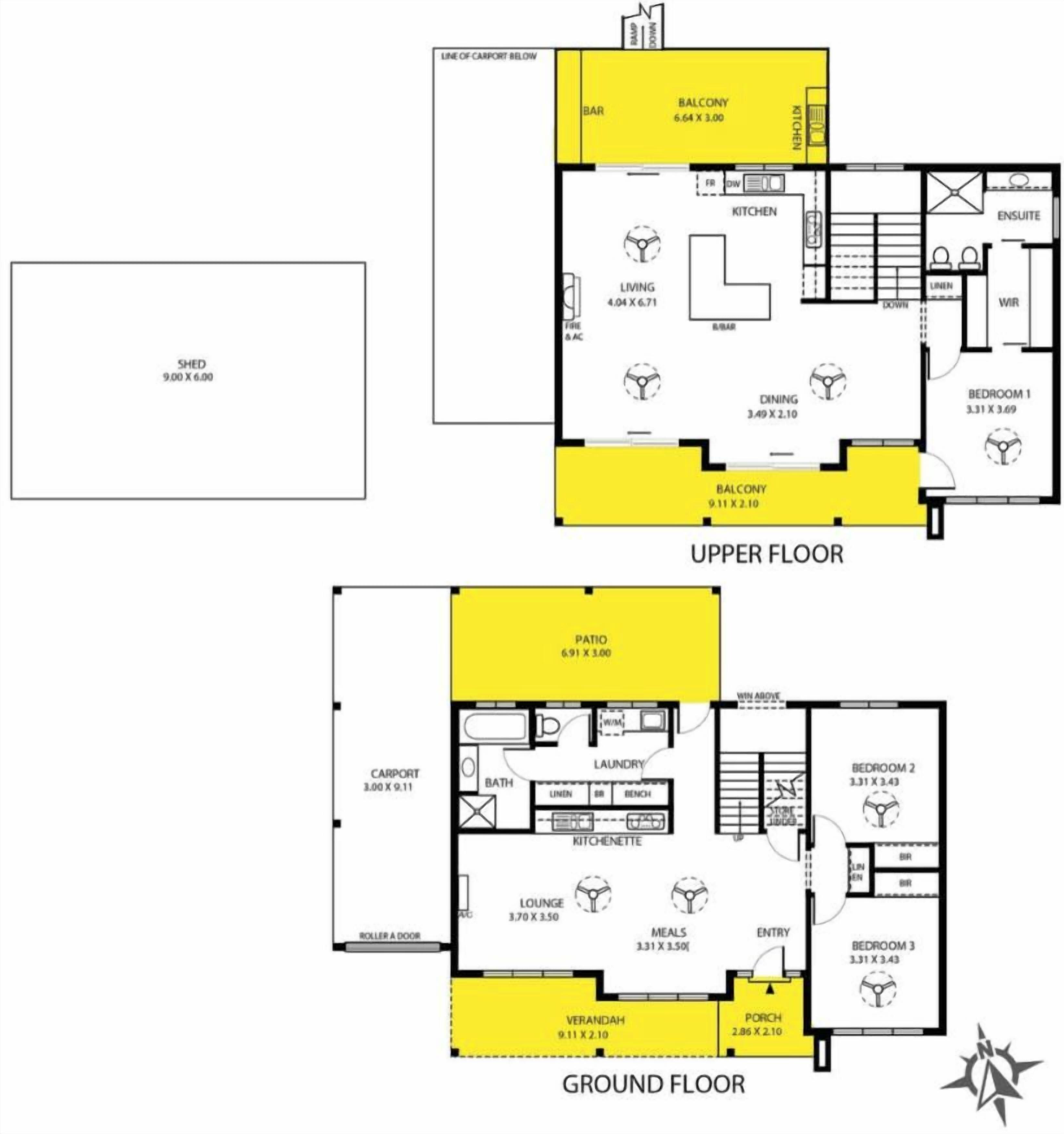 A hotel floor plan with a balcony, living room, dining area, and three bedrooms.