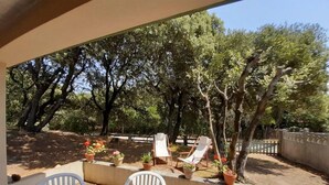 Terrassa exterior amb taula i cadires, envoltada de plantes i arbres en testos.