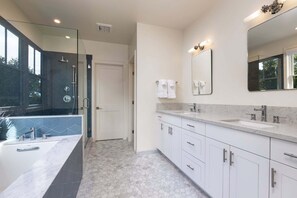 Combined shower/tub, hair dryer, towels