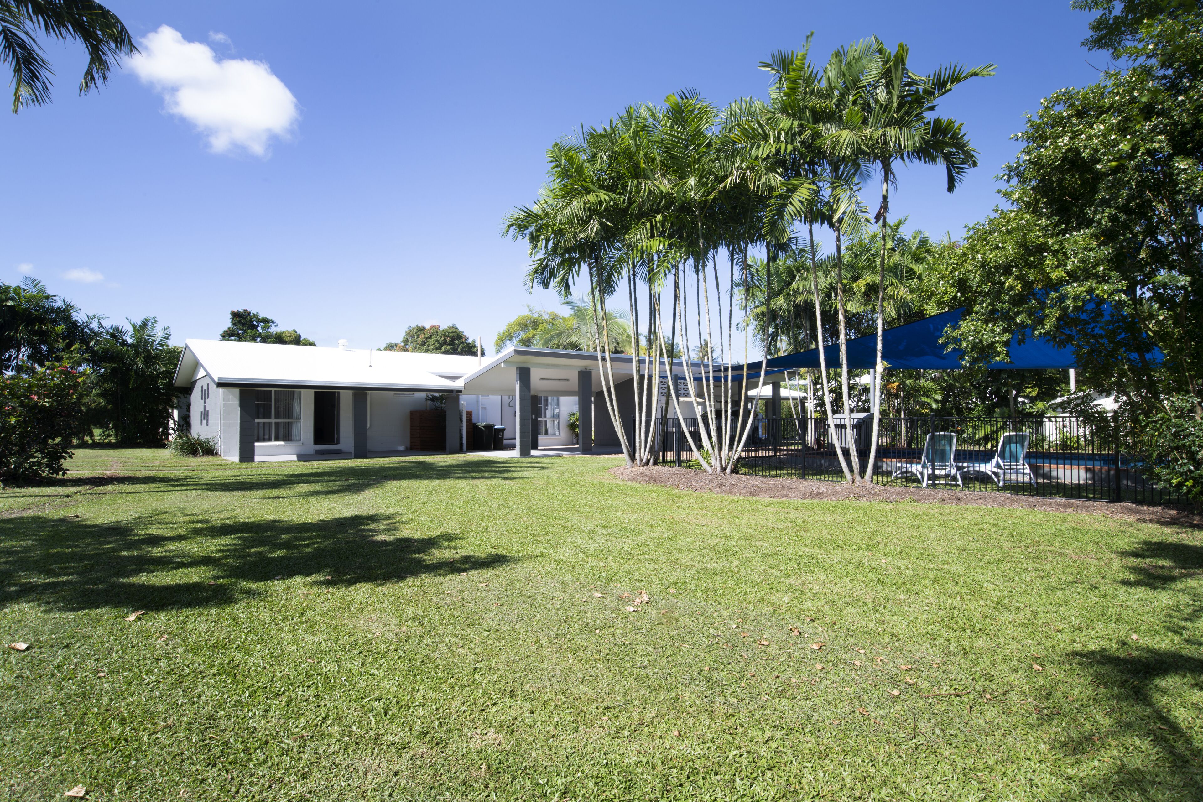 A modern house with a well-maintained lawn, a covered patio, and tall palm trees.