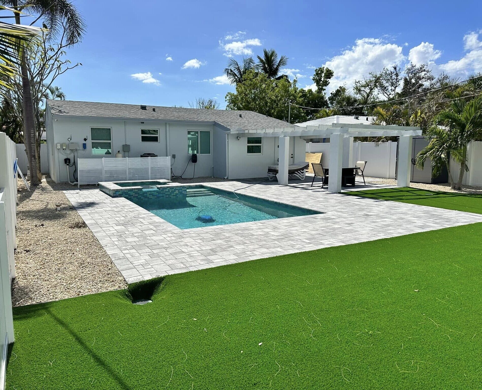 Un jardin arrière d’une maison, comprenant une piscine, de la pelouse artificielle et un patio couvert.