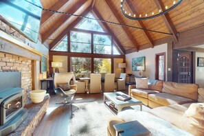 TV, fireplace, books