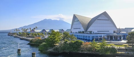 A waterfront building with a unique triangular roof, surrounded by lush greenery and palm trees, with a mountain in the background.