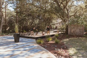 An outdoor area with a wooden deck, surrounded by trees and a garden. - Private 1+ acre, Bocce, Waterfall, Free Pool Heat (Santa Rosa)