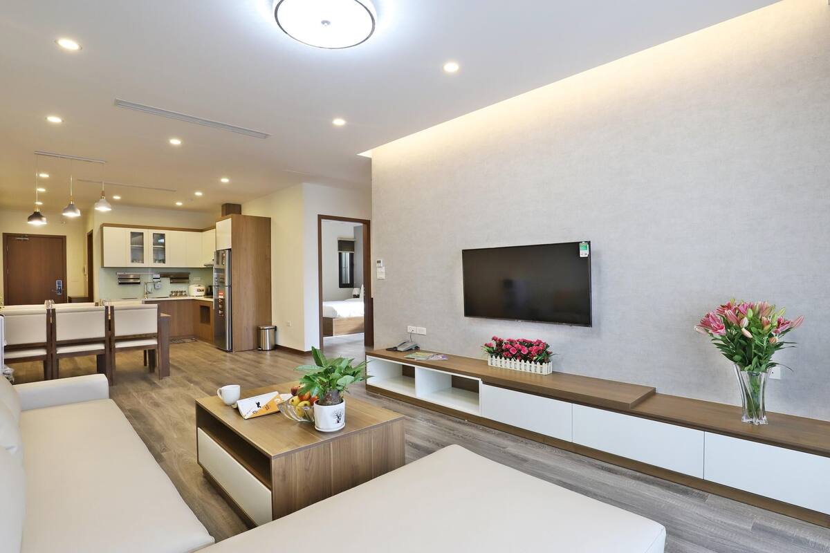A modern living room with a flat-screen TV, a coffee table with a plant, and a sofa.
