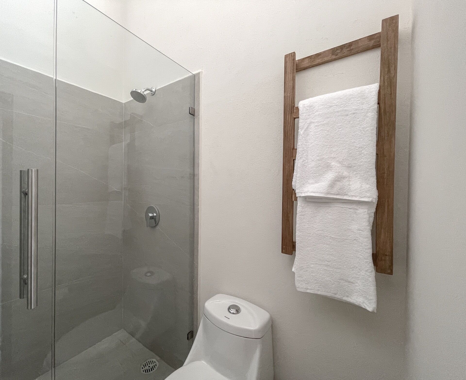 A bathroom with a glass-enclosed shower, a toilet, and a wooden towel rack with two white towels.