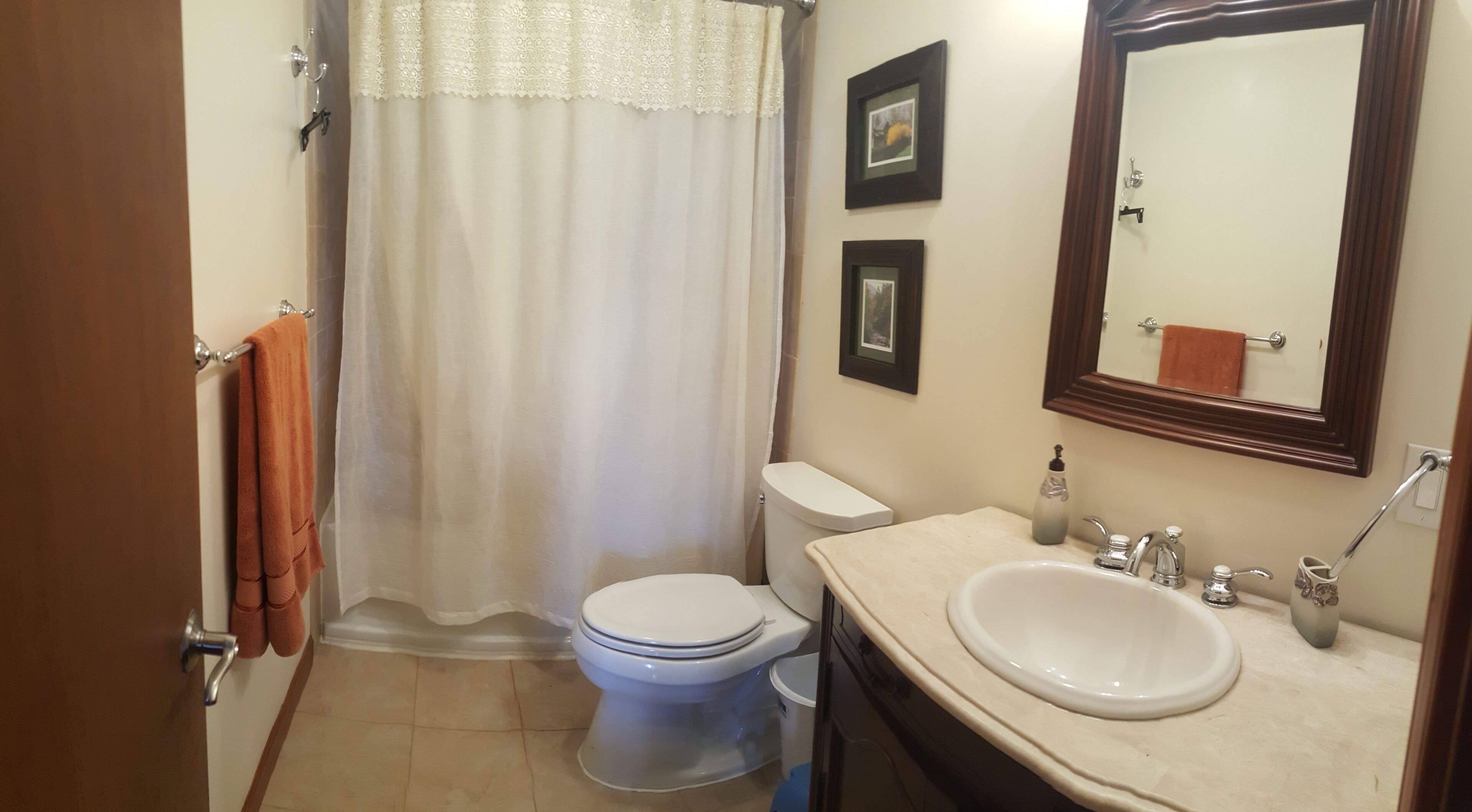 Combined shower/bathtub, hair dryer, towels, soap