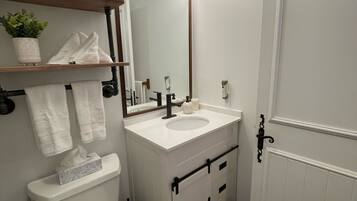 Combined shower/tub, jetted tub, hair dryer, towels