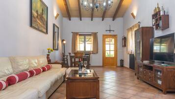 Televisión, chimenea, reproductor de DVD y tenis de mesa