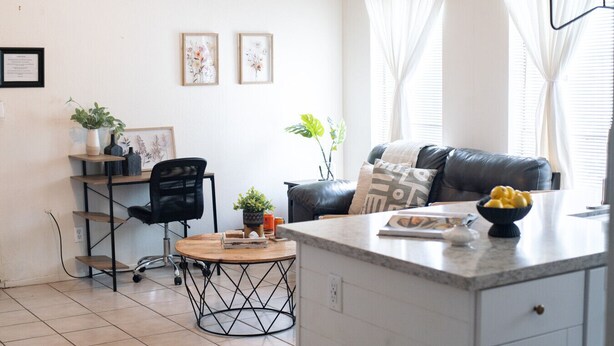 A modern, well-lit living area with a leather sofa, a round coffee table, and a kitchen counter. There are two framed artworks on the wall, a potted plant, and a small table with a bowl of fruit. - 101, Ocean Side, Laundry, Desk, Backyard (South Padre Island)
