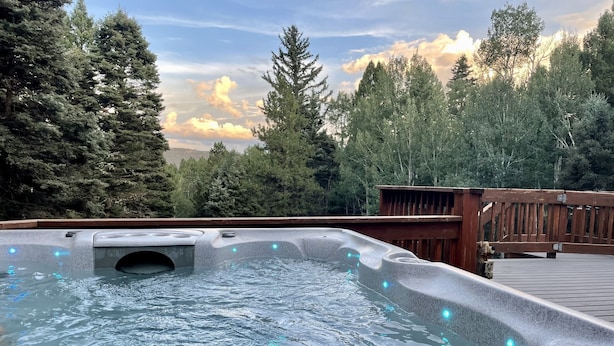 Un jacuzzi con muelle de madera y vista a zona boscosa.